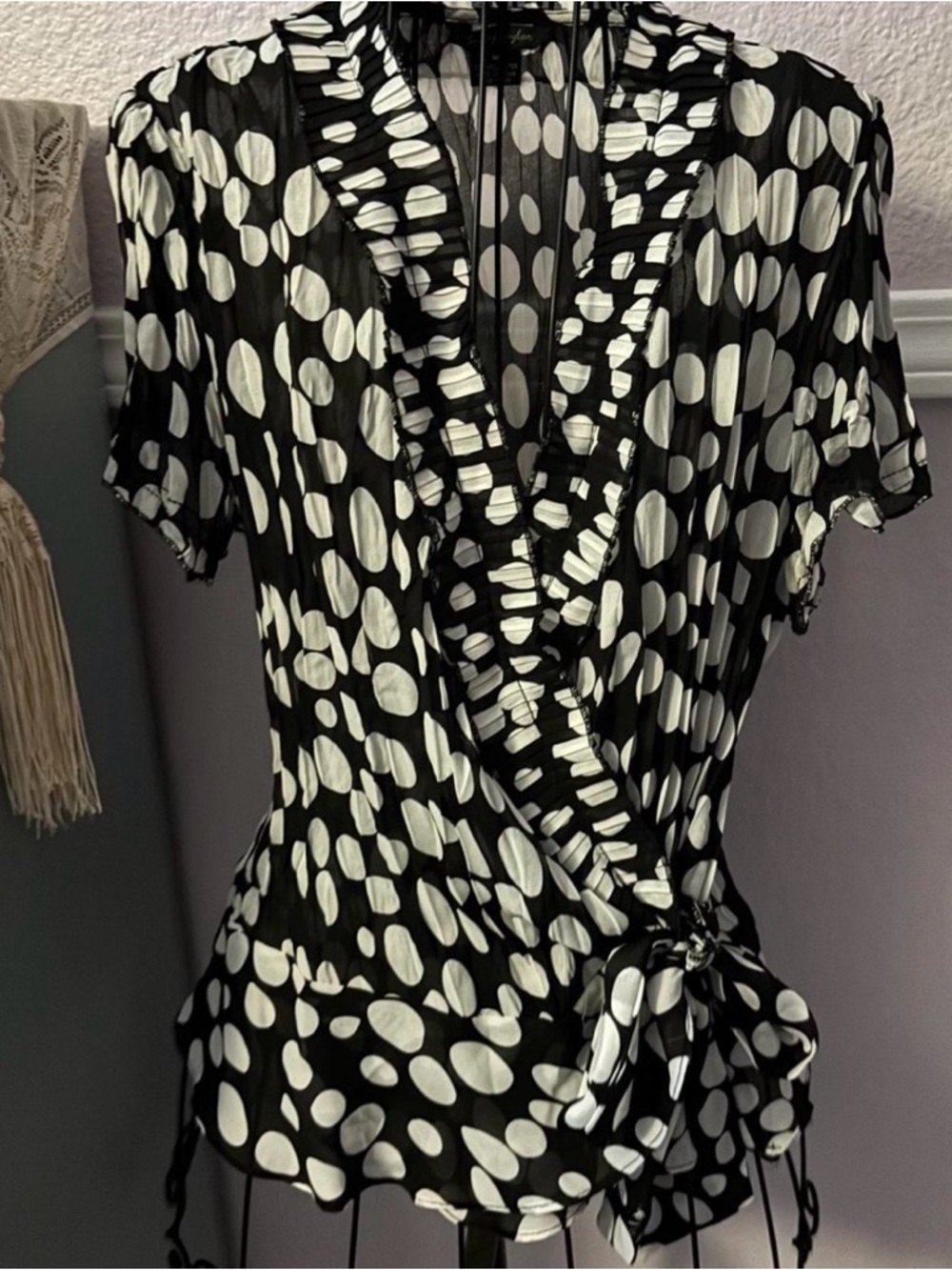 Women’s Y2K Black & White Polka Dot Wrap Blouse Size Medium